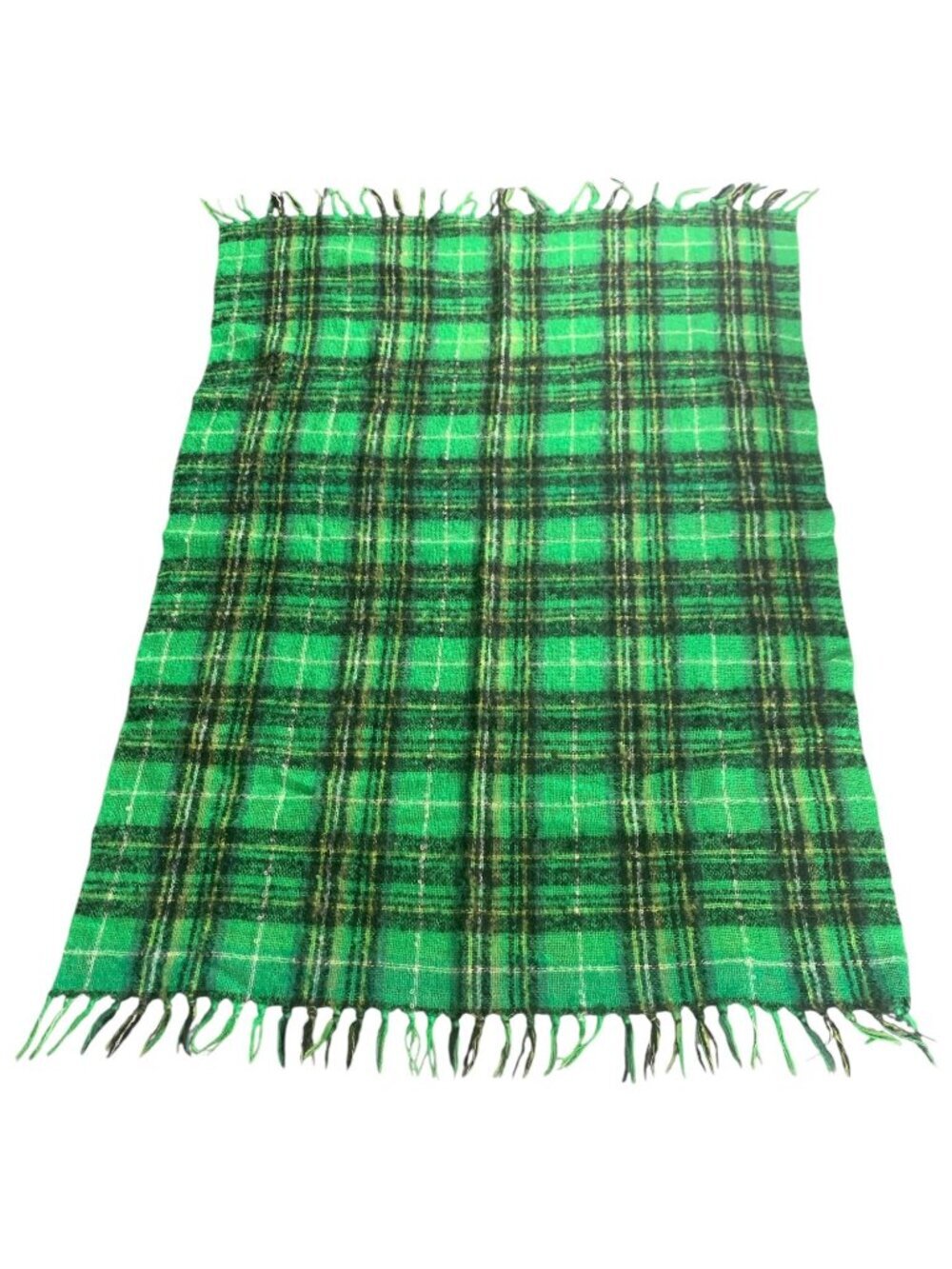 Green Plaid Wool Blend Throw Blanket Scottish Style With Fringe